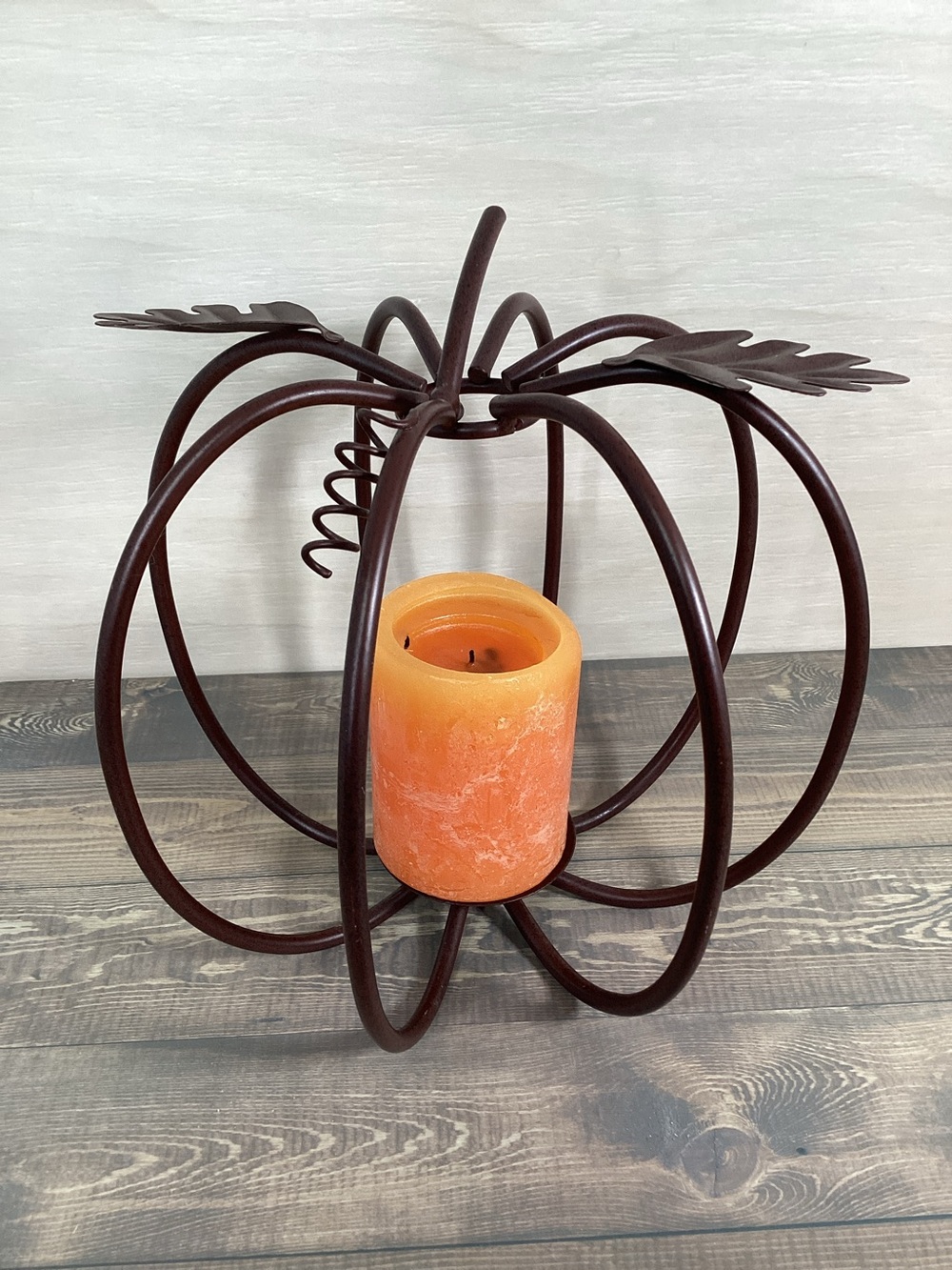 Pumpkin Candle Holder Oil Rubbed Bronze Tone Metal 10"x10", Orange Pillar Candle